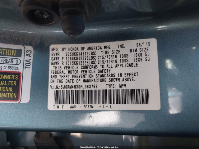 Продаж на аукціоні авто 2015 Honda Cr-v Lx, vin: 5J6RM4H30FL083769, номер лоту: 45762196