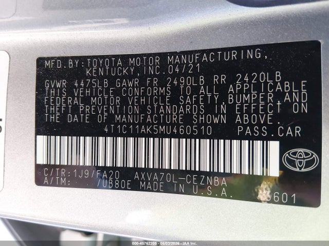 45762205 :رقم المزاد ، 4T1C11AK5MU460510 vin ، 2021 Toyota Camry Le مزاد بيع