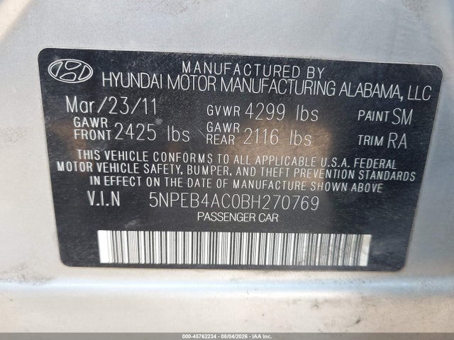 2011 Hyundai Sonata Gls მანქანა იყიდება აუქციონზე, vin: 5NPEB4AC0BH270769, აუქციონის ნომერი: 45762234