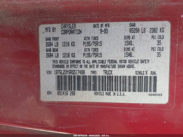 1994 Dodge Dakota მანქანა იყიდება აუქციონზე, vin: 1B7GL23Y6RS517498, აუქციონის ნომერი: 45762235