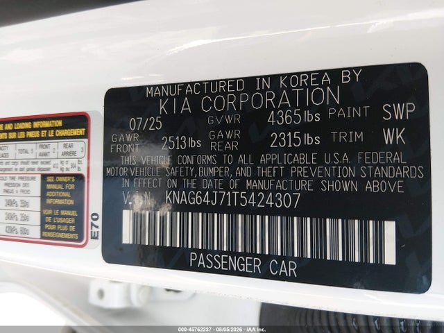Aukcja sprzedaży 2026 Kia K5 Gt-line Fwd, vin: KNAG64J71T5424307, numer aukcji: 45762237