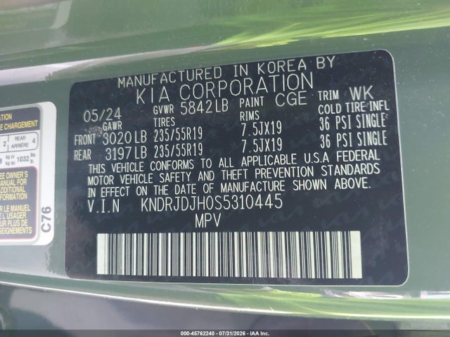 45762240 :رقم المزاد ، KNDRJDJH0S5310445 vin ، 2025 Kia Sorento Plug-in Hybrid Ex مزاد بيع
