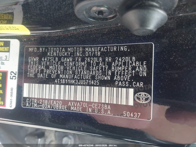 Aukcja sprzedaży 2018 Toyota Camry Se, vin: 4T1B11HK3JU571425, numer aukcji: 45762248