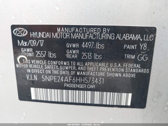 45762251 :رقم المزاد ، 5NPE24AF6HH573431 vin ، 2017 Hyundai Sonata مزاد بيع