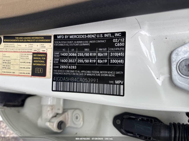 2012 Mercedes-benz Ml 350 4matic მანქანა იყიდება აუქციონზე, vin: 4JGDA5HB4CA053991, აუქციონის ნომერი: 45762252