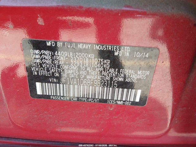 Продажа на аукционе авто 2015 Subaru Wrx Premium, vin: JF1VA1D68F9823115, номер лота: 45762262
