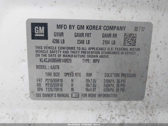 2017 Buick Encore Preferred მანქანა იყიდება აუქციონზე, vin: KL4CJASB5HB140926, აუქციონის ნომერი: 45762302