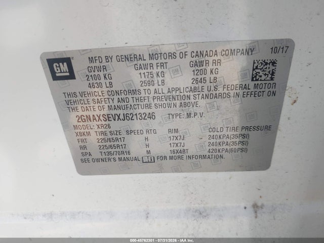 2018 Chevrolet Equinox Lt მანქანა იყიდება აუქციონზე, vin: 2GNAXSEVXJ6213246, აუქციონის ნომერი: 45762301