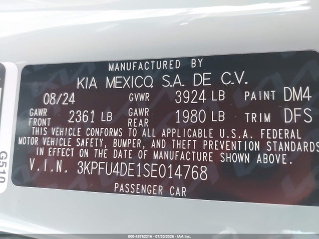 Aukcja sprzedaży 2025 Kia K4 Ex, vin: 3KPFU4DE1SE014768, numer aukcji: 45762316