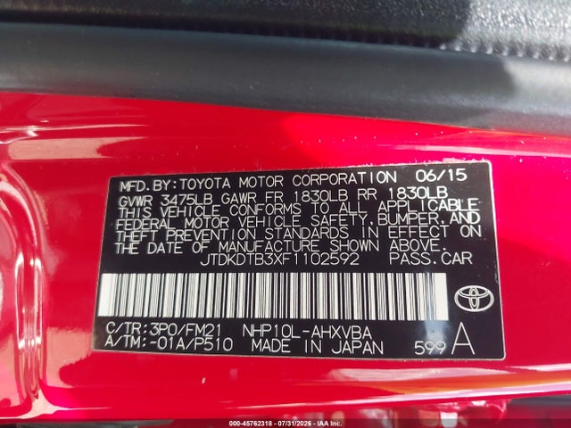 Продаж на аукціоні авто 2015 Toyota Prius C Two, vin: JTDKDTB3XF1102592, номер лоту: 45762318