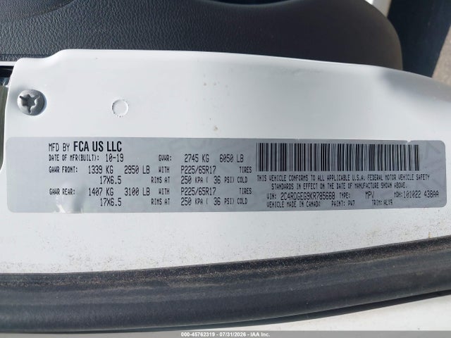45762319 :رقم المزاد ، 2C4RDGEG9KR785668 vin ، 2019 Dodge Grand Caravan Gt مزاد بيع