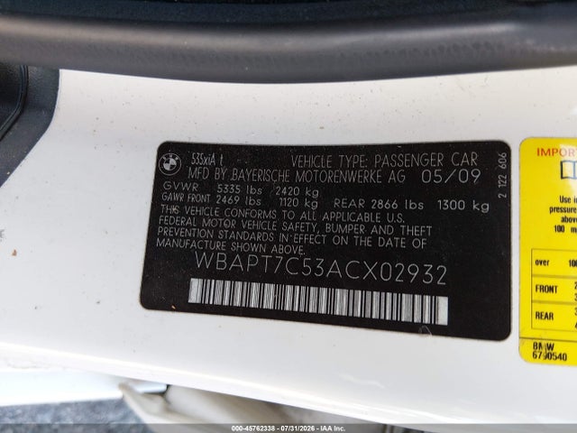 45762338 :رقم المزاد ، WBAPT7C53ACX02932 vin ، 2010 Bmw 535i Xdrive مزاد بيع