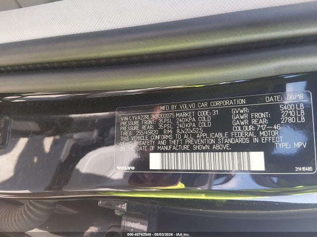Продаж на аукціоні авто 2019 Volvo Xc60 T6 Inscription, vin: LYVA22RL2KB202075, номер лоту: 45762348