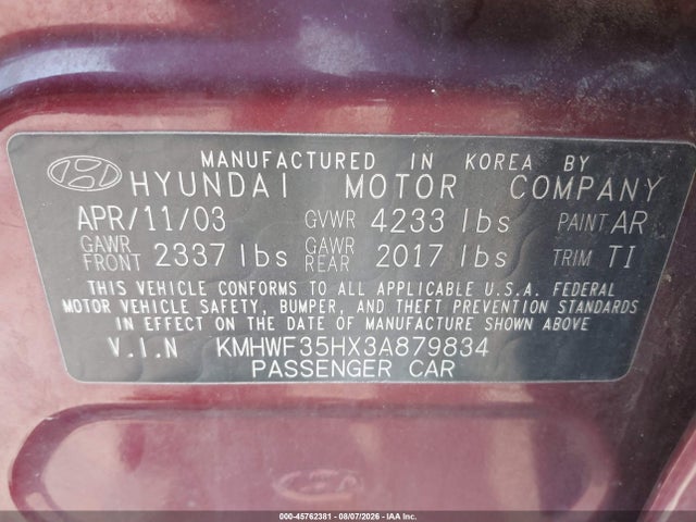 45762381 :رقم المزاد ، KMHWF35HX3A879834 vin ، 2003 Hyundai Sonata Gls/lx مزاد بيع