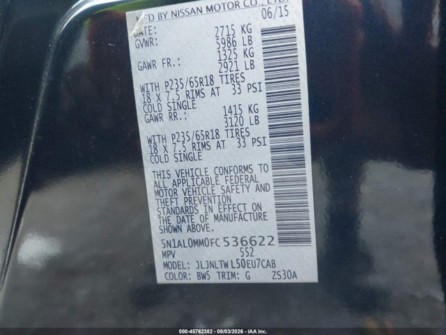 Продаж на аукціоні авто 2015 Infiniti Qx60, vin: 5N1AL0MM0FC536622, номер лоту: 45762382