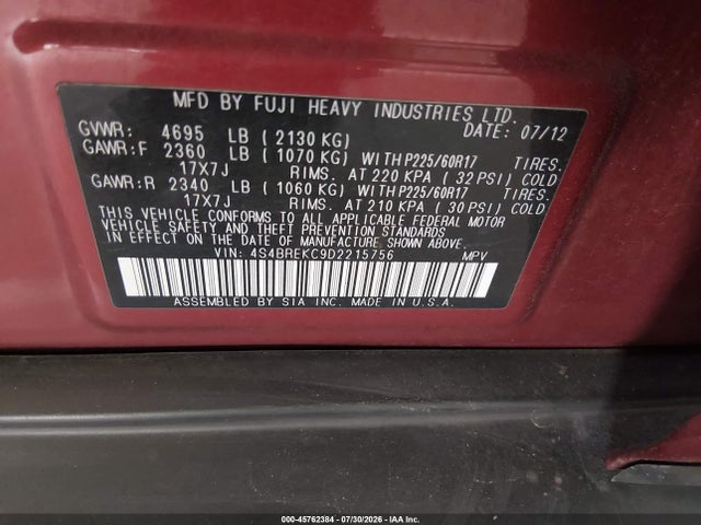 Aukcja sprzedaży 2013 Subaru Outback 3.6r Limited, vin: 4S4BREKC9D2215756, numer aukcji: 45762384