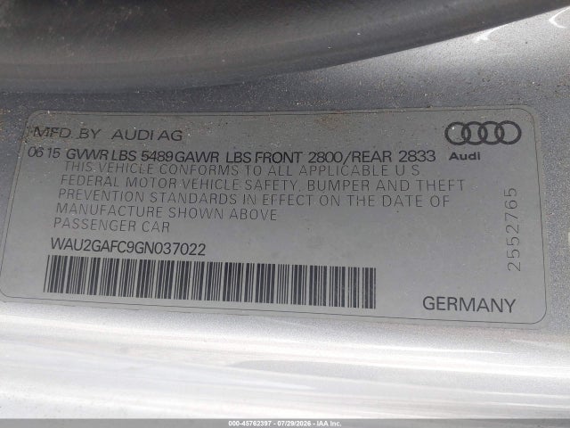 Auction sale of the 2016 Audi A7 3.0t Premium Plus, vin: WAU2GAFC9GN037022, lot number: 45762397