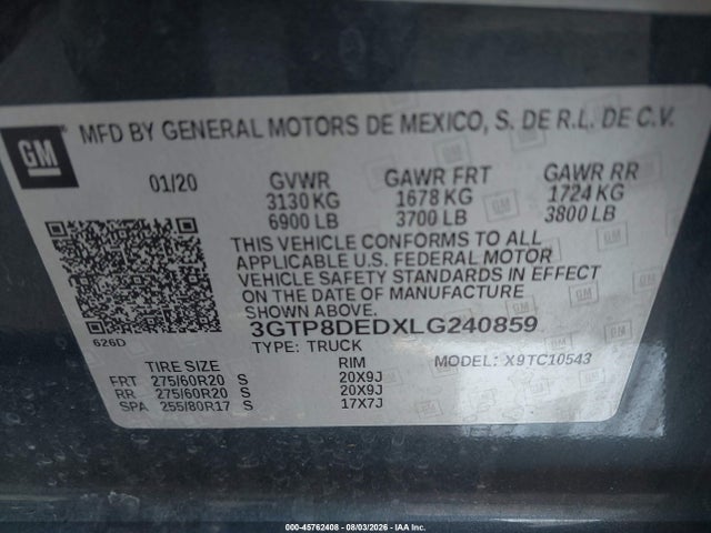 2020 Gmc Sierra 1500 2wd  Short Box Slt მანქანა იყიდება აუქციონზე, vin: 3GTP8DEDXLG240859, აუქციონის ნომერი: 45762408