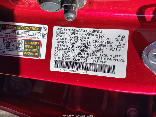 5J6RT6H90NL031723 Honda Cr-v Hybrid Touring