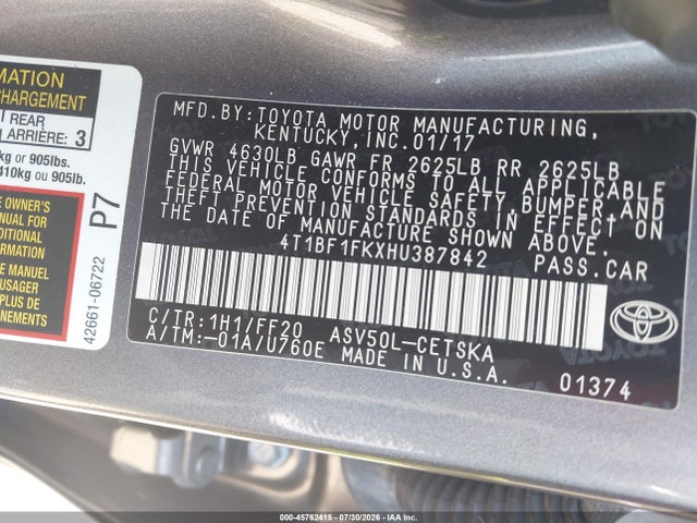 Aukcja sprzedaży 2017 Toyota Camry Se, vin: 4T1BF1FKXHU387842, numer aukcji: 45762415