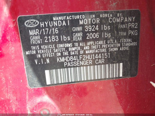 2017 Hyundai Elantra Se მანქანა იყიდება აუქციონზე, vin: KMHD84LF2HU144151, აუქციონის ნომერი: 45762419