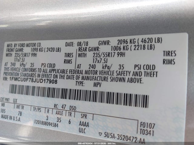 2018 Ford Escape S მანქანა იყიდება აუქციონზე, vin: 1FMCU0F78JUD17908, აუქციონის ნომერი: 45762434