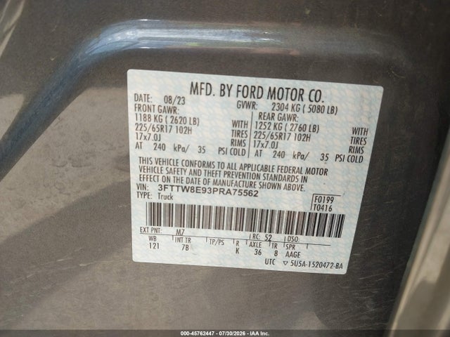 45762447 :رقم المزاد ، 3FTTW8E93PRA75562 vin ، 2023 Ford Maverick Xlt مزاد بيع