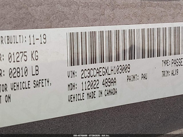 45762450 :رقم المزاد ، 2C3CCAEGXLH103009 vin ، 2020 Chrysler 300 Limited مزاد بيع