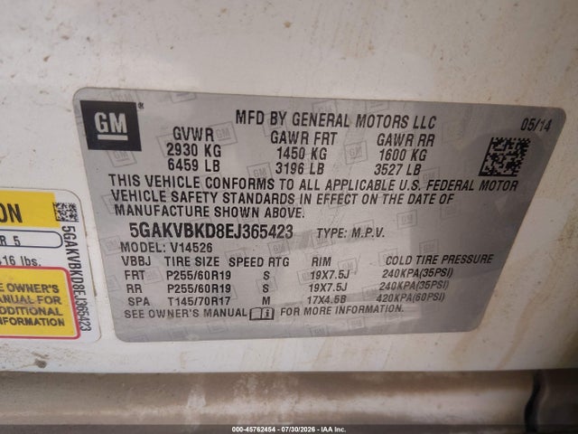 45762454 :رقم المزاد ، 5GAKVBKD8EJ365423 vin ، 2014 Buick Enclave Leather مزاد بيع