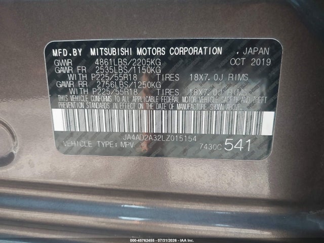 2020 Mitsubishi Outlander Es 2.4 მანქანა იყიდება აუქციონზე, vin: JA4AD2A32LZ015154, აუქციონის ნომერი: 45762455