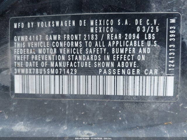 45762458 :رقم المزاد ، 3VWBX7BU5SM071429 vin ، 2025 Volkswagen Jetta 1.5t Sport مزاد بيع