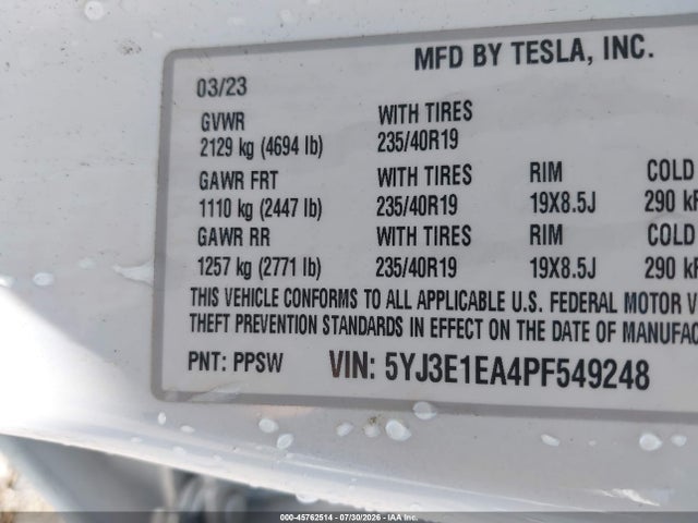 2023 Tesla Model 3 Rear-wheel Drive მანქანა იყიდება აუქციონზე, vin: 5YJ3E1EA4PF549248, აუქციონის ნომერი: 45762514