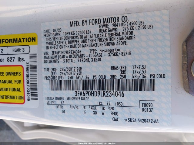 Ford FUSION SE 2020 3FA6P0HD9LR234046 Image 9