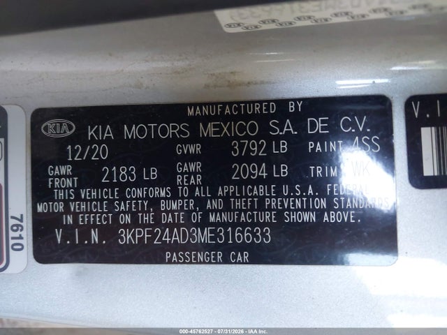 45762527 :رقم المزاد ، 3KPF24AD3ME316633 vin ، 2021 Kia Forte Lxs مزاد بيع