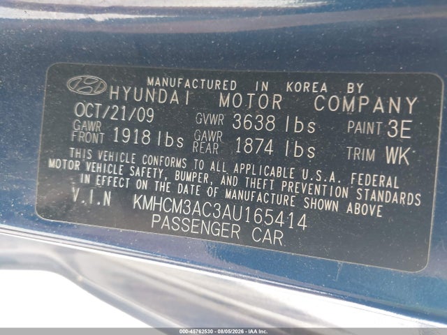 2010 Hyundai Accent Blue მანქანა იყიდება აუქციონზე, vin: KMHCM3AC3AU165414, აუქციონის ნომერი: 45762530