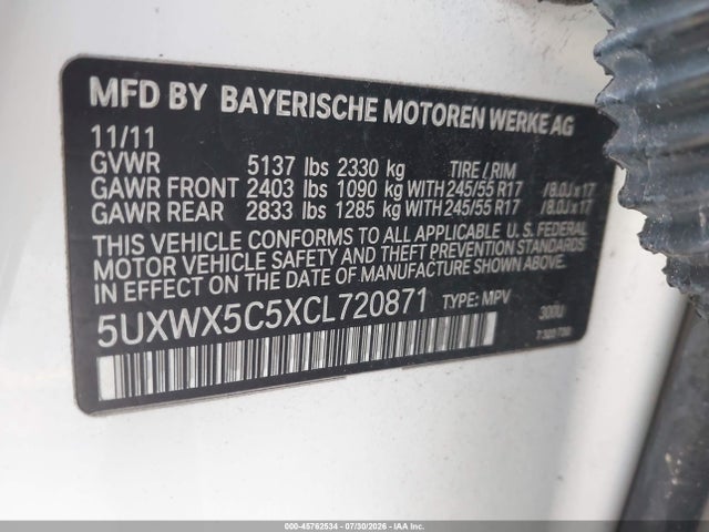 45762534 :رقم المزاد ، 5UXWX5C5XCL720871 vin ، 2012 Bmw X3 Xdrive28i مزاد بيع