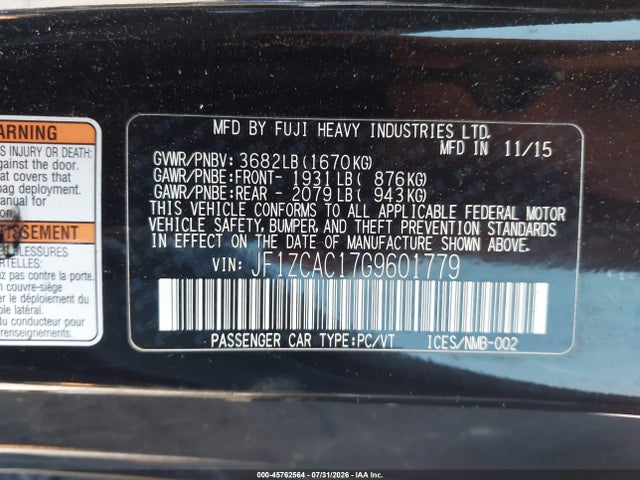 Auction sale of the 2016 Subaru Brz Limited, vin: JF1ZCAC17G9601779, lot number: 45762564