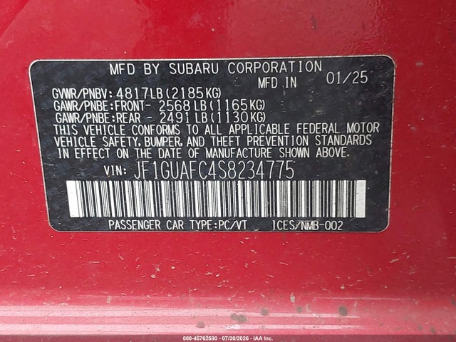 Aukcja sprzedaży 2025 Subaru Impreza Sport 5-door, vin: JF1GUAFC4S8234775, numer aukcji: 45762580