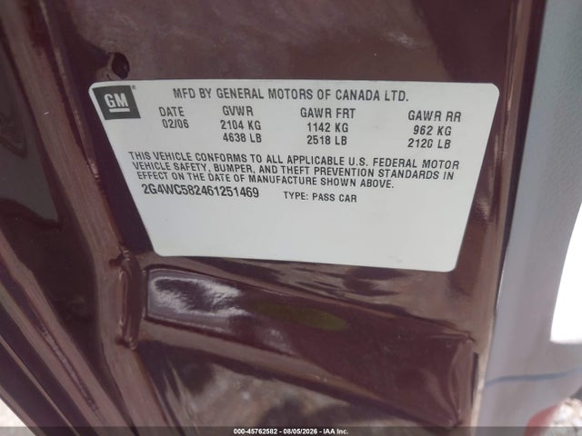 45762582 :رقم المزاد ، 2G4WC582461251469 vin ، 2006 Buick Lacrosse Cx مزاد بيع