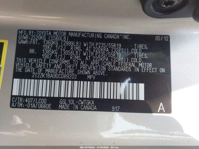 45762584 :رقم المزاد ، 2T2ZK1BA9DC089202 vin ، 2013 Lexus Rx 350 مزاد بيع