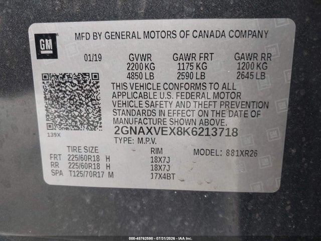 Aukcja sprzedaży 2019 Chevrolet Equinox Lt, vin: 2GNAXVEX8K6213718, numer aukcji: 45762590