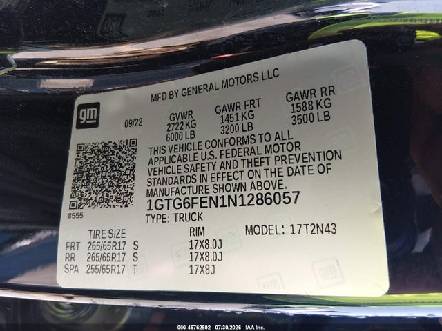 45762592 :رقم المزاد ، 1GTG6FEN1N1286057 vin ، 2022 Gmc Canyon 4wd  Short Box At4 - Cloth مزاد بيع
