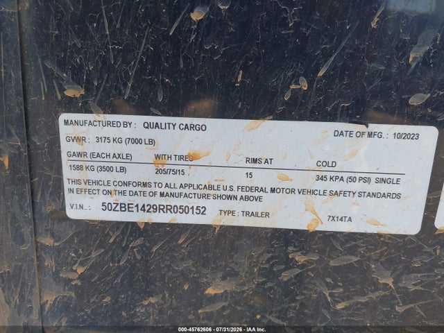 45762606 :رقم المزاد ، 50ZBE1429RR050152 vin ، 2024 Quality Cargo Trailer مزاد بيع