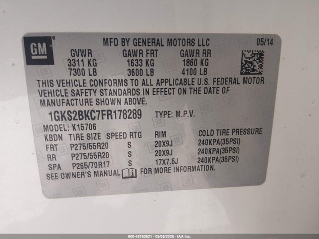 Aukcja sprzedaży 2015 Gmc Yukon Slt, vin: 1GKS2BKC7FR178289, numer aukcji: 45762621
