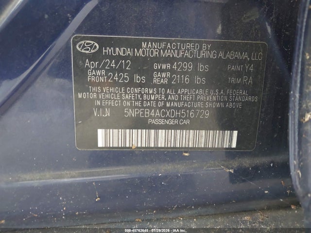 45762645 :رقم المزاد ، 5NPEB4ACXDH516729 vin ، 2013 Hyundai Sonata Gls مزاد بيع