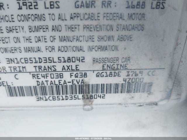 45762652 :رقم المزاد ، 3N1CB51D35L518042 vin ، 2005 Nissan Sentra 1.8s مزاد بيع