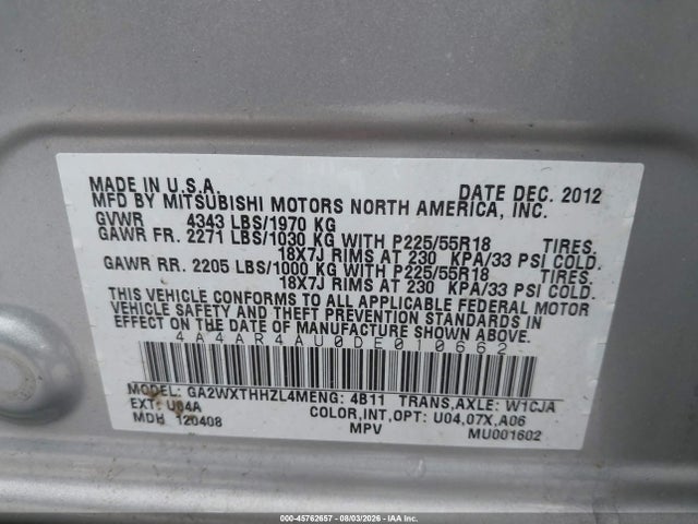 2013 Mitsubishi Outlander Sport Se მანქანა იყიდება აუქციონზე, vin: 4A4AR4AU0DE010662, აუქციონის ნომერი: 45762657