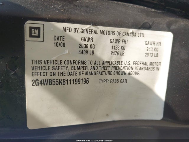 45762682 :رقم المزاد ، 2G4WB55K811199196 vin ، 2001 Buick Regal Ls مزاد بيع