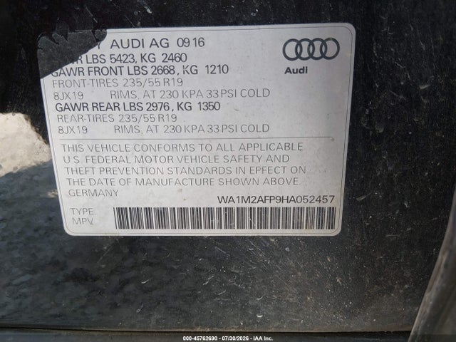 45762690 :رقم المزاد ، WA1M2AFP9HA052457 vin ، 2017 Audi Q5 2.0t Premium مزاد بيع