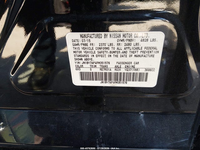45762698 :رقم المزاد ، JN1BV7AP4FM351576 vin ، 2015 Infiniti Q50 مزاد بيع